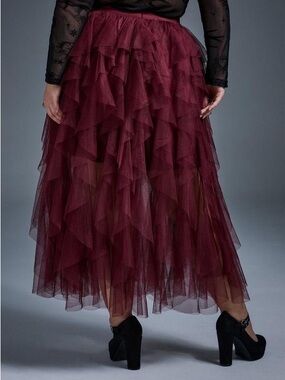 Torrid size 3 Burgundy Asymmetrical Layered  Nightfall Ruffle Midi Skirt